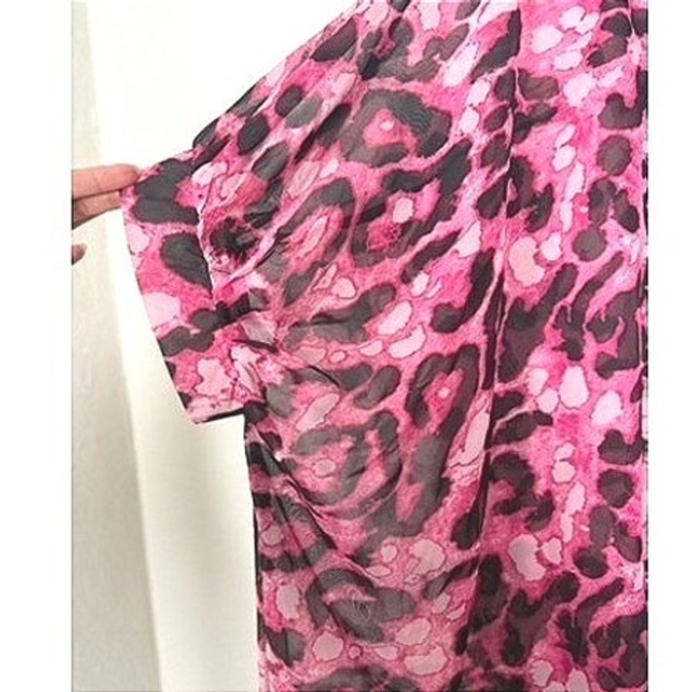 L Love Women's M/L Pink Leopard Print Sheer Button Up Blouse Tunic Top - Picture 3 of 6